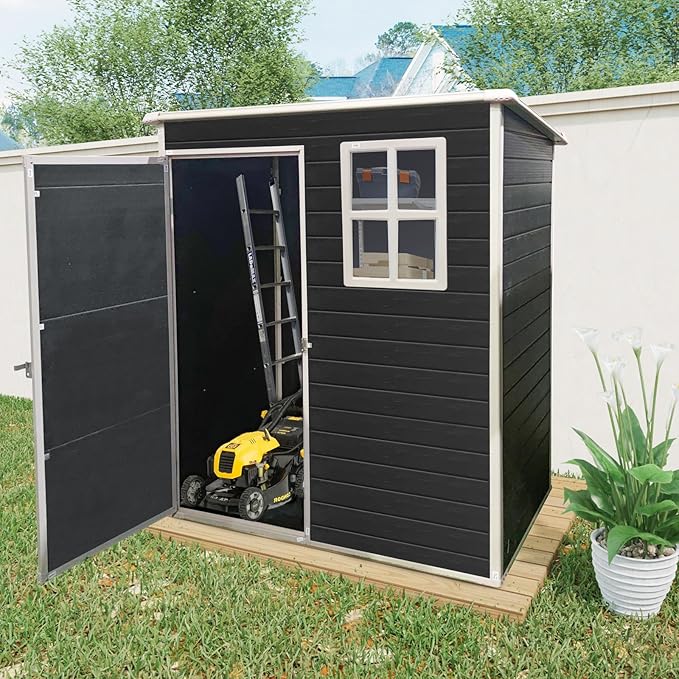 5x3 FT Outdoor Storage Resin Shed with Floor, Waterproof Plastic Garden Tool Shed with Windows, Vents & Lockable Door and Sloped Roof, Easy to Assemble Bike Shed for Patio, Backyard, Lawn, Black