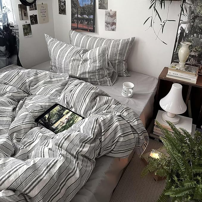 mixinni Vintage Grey & White Striped Comforter Set Queen Size - Soft Washed Cotton 3-Piece Neutral Bedding Set, Retro Geometric Pattern, All-Season Breathable & Fluffy for Men, Boys