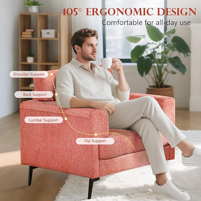 CDCASA Accent Chair, Linen Fabric Oversized Mid Century Modern Chair Set of 2, Comfy Upholstered Armchair Reading Accent Chairs Sofa Chairs for Bedroom Living Room, Coral Pink