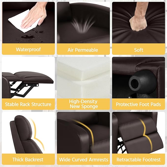 Yaheetech Recliner Chair Faux Leather Recliner Sofa Adjustable Modern Seat Club Chair Home Theater Seating Brown