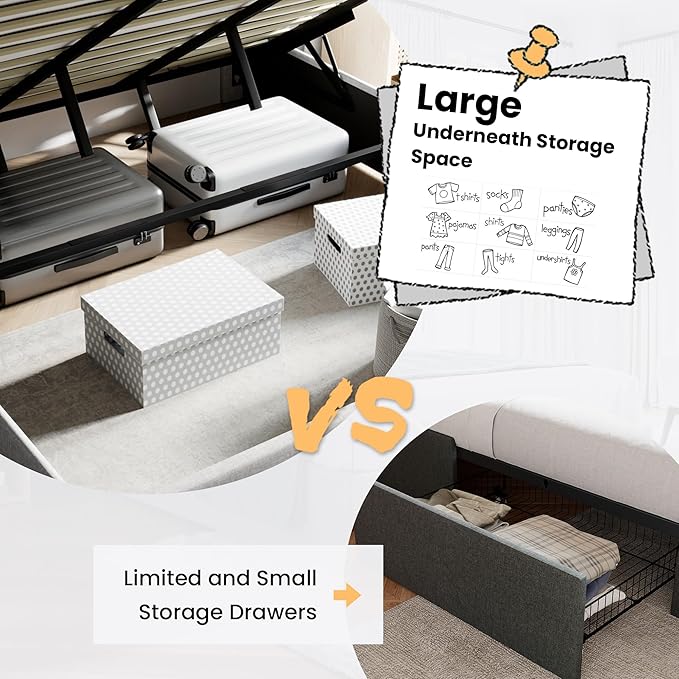 SHA CERLIN Full Size Lift Up Storage Bed/Modern Wingback Headboard/Upholstered Platform Bed Frame/Hydraulic Storage/No Box Spring Needed/Wood Slats Support/Light Grey