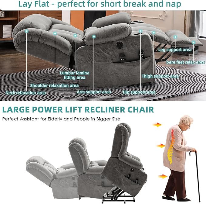 MEETWARM Oversized Dual Motor Lay Flat Power Lift Recliner Chair for Big Elderly with Heat Massage, Large Sleeping Electric Recliner with Extended Footrest, Lumbar Pillow, USB & Type-C Ports, Gray