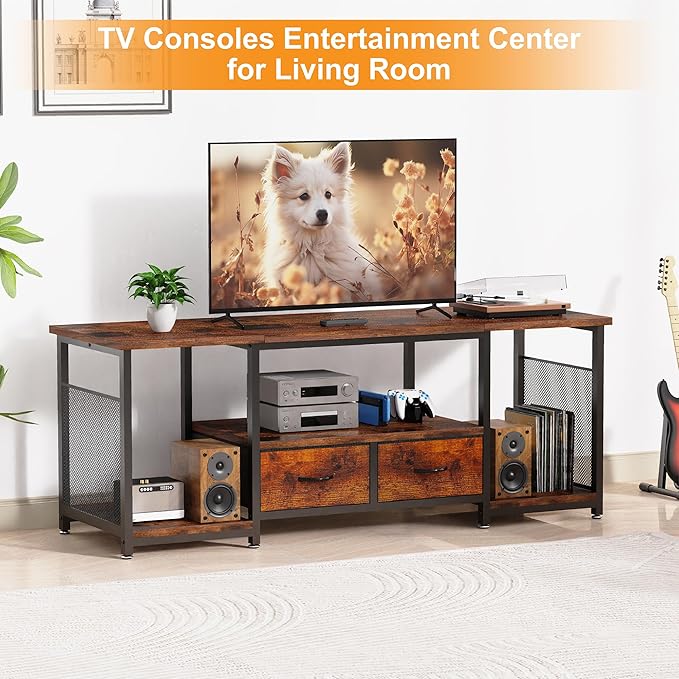 TV Stand with Drawers and Open Storage Shelves for 75 70 65 Inch TV, Entertainment Center with Open Storage Shelves, Industrial Media TV Console Table for Living Room Bedroom Office, Rustic Brown