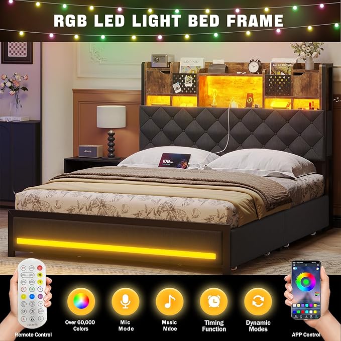 Queen Size Bed Framewith 4 Under-Bed Storage Drawers and LED Light, Queen Bed Frame with Upholstered Headboard and Charging Station,3-Tier Headboard and Hidden Storage Space,Gray