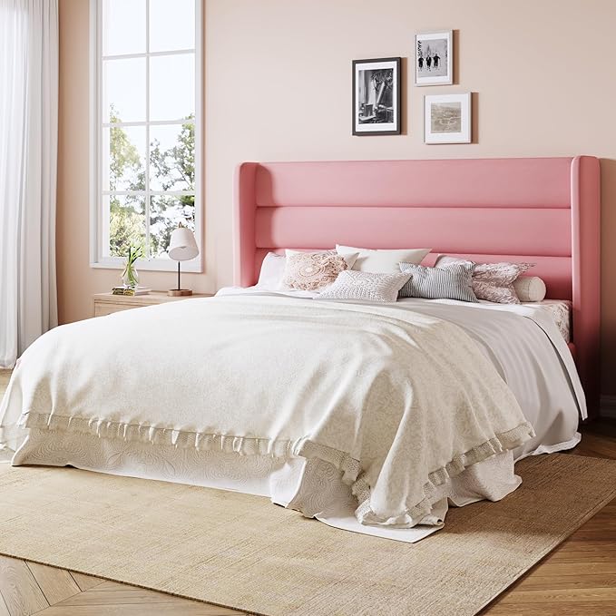 Allewie Queen Size Platform Bed Frame with Velvet Upholstered Wingback Headboard, No Box Spring Needed, Under Bed Storage Space, Strong Wooden Slats, Modern Mattress Foundation, Easy Assembly, Pink