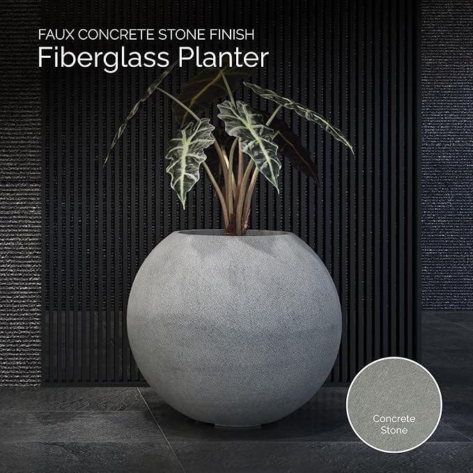 Orbo Large Planter – Fiberglass Indoor/Outdoor and Weather-Resistant Globe Planter (Concrete Stone, 35.4" D x 31.3" H)