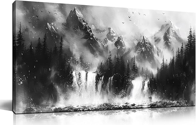 Mountain Wall Art For Office - Black And White Pictures Wall Art For Living Room - Forest Wall Decor For Bedroom Size 20" x 40"