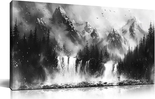 Mountain Wall Art For Office - Black And White Pictures Wall Art For Living Room - Forest Wall Decor For Bedroom Size 20" x 40"