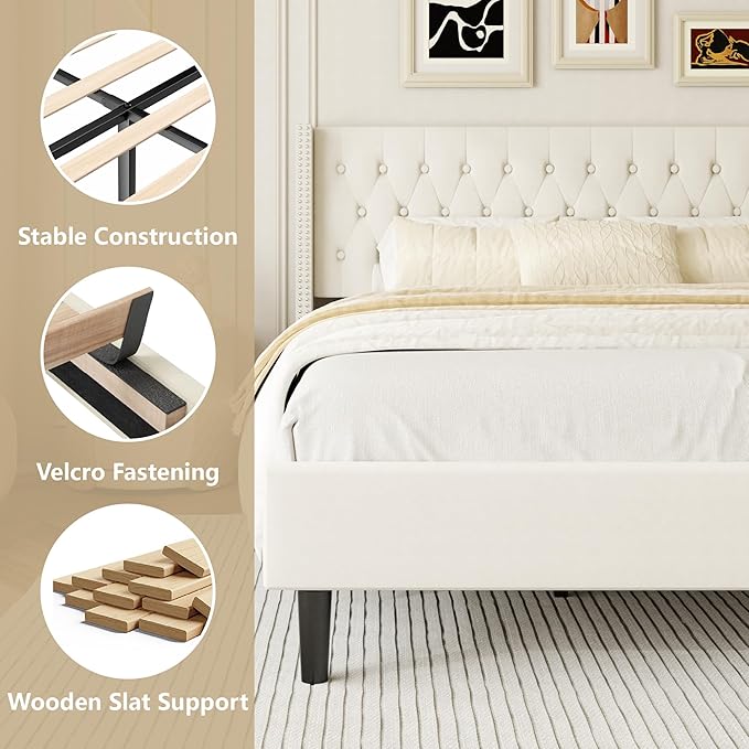 Queen Size Bed Frame, Upholstered Platform Bed with Wingback Headboard, Velvet Button Tufted, Easy Assembly, No Box Spring Needed, Beige