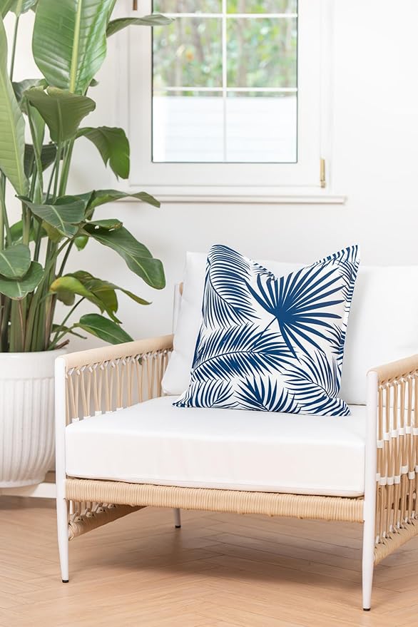 Hofdeco Premium Coastal Hampton Style Patio Indoor Outdoor Pillow Cover Only, 20"x20" Water Resistant for Backyard, Couch, Navy Blue Palm Leaf