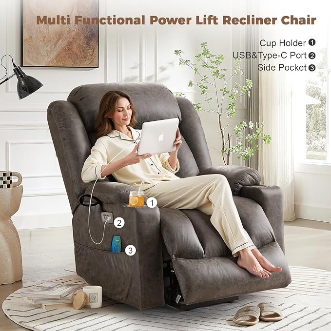 HUSFU Oversized Power Lift Recliner Chairs for Elderly with Massage and Heat, Extra Wide Recliners,Breathable Leather Lift Chairs w/Cup Holders, USB & Type-C Ports, Matte Grey,2PCS