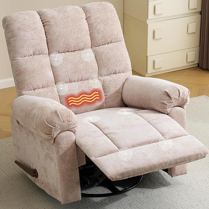 Oversized Swivel Rocker Recliner with Massage and Heat, 26" Extra Wide Manual Recliner for Adults & Big Man, Overstuffed Rocking Chair with High Back for Living Room, Beige Chenille