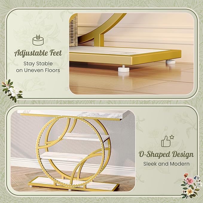 Huuger 41.3 Inch Entryway Table with Marble Top, Modern Console Sofa Table, Accent Table with Shelves, for Entry, Hallway, Entrance, Foyer, O-Shaped Metal Frame, White Marble & Gold