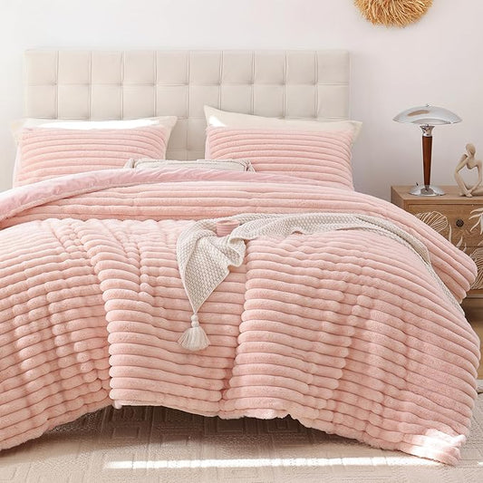 Smoofy Fluffy Full Size Comforter Sets 3 Pieces - Blush Pink Fleece Fluffy Comforter Set, Luxury Fuzzy Full Bed Set, Soft Comforter Full Size All Season, Heavy Faux Fur Comforter with 2 Pillow Cases