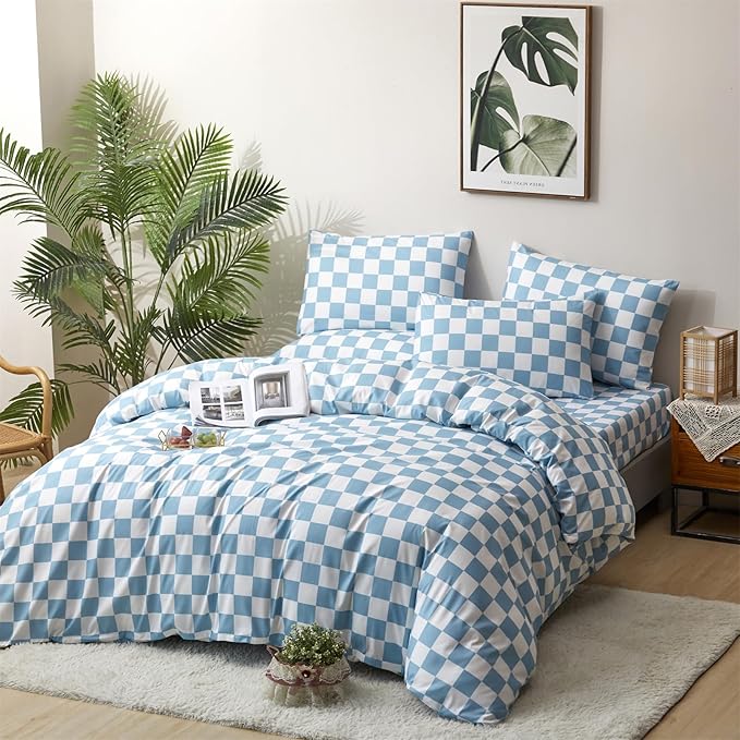 CLOTHKNOW Blue White Plaid California King Comforter Set 3Pcs Grid Bedding Comforter Sets Checker Comforter Blue White Comforter and 2 x Pillow Cases