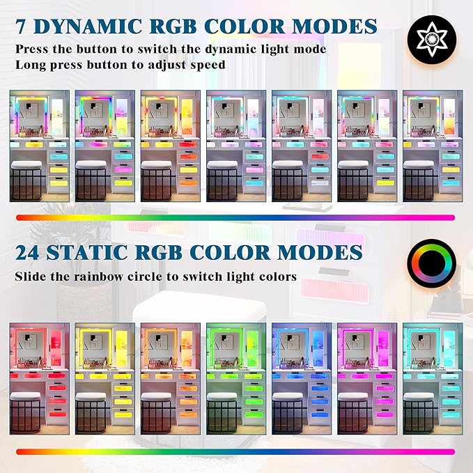 HNEBC White LED Vanity, Makeup Vanity with RGB Lights and 6 Drawers for Bedroom, Makeup Desk with USB/Wireless Charging, Dressing Table with Shelves/Cabins/Stool, Vanity Table Set as Gifts for Girls