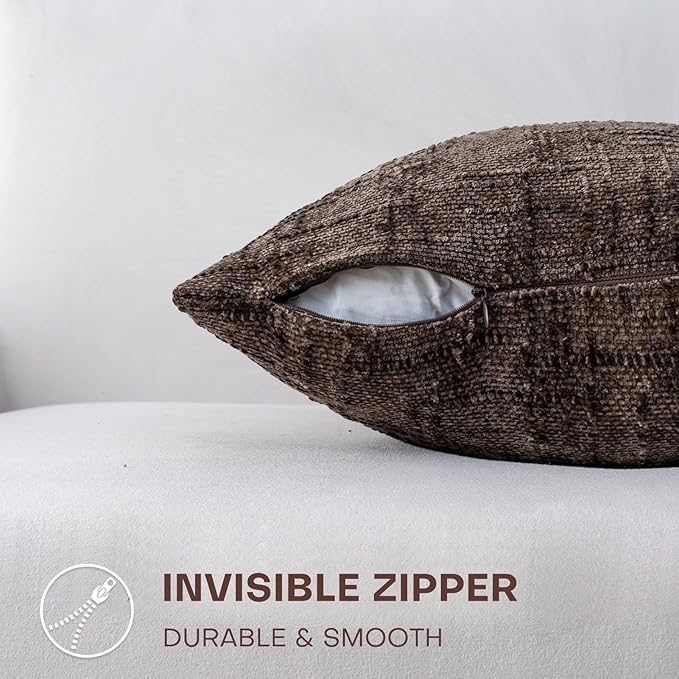 Decorative Throw Pillow Covers 16x16 Inch Set of 2, Soft Solid Farmhouse Chenille Couch Pillows, Spring Pillow Covers for Couch Sofa Bed Living Room Home Decor Pillowcase, Brown