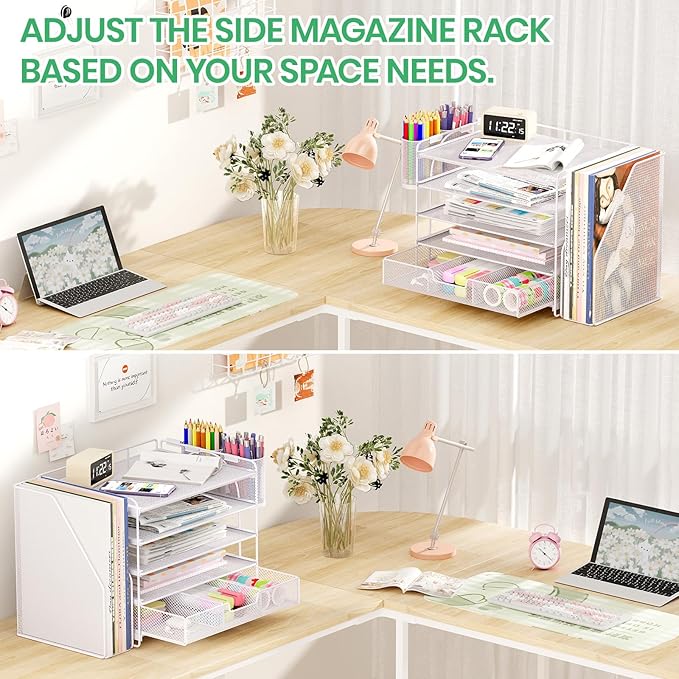 Desk Organizers and Accessories with File Holder, 5-Tier Office Desk Accessories & Workspace Desktop Organizer with Drawer and 2 Pen Holder, File Paper Organizer for Office Supplies(White)