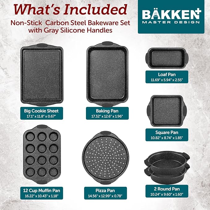 BAKKEN 8-Piece Kitchen Oven Baking Pans Set - Deluxe Nonstick Gray Marble Coating, Professional Grade Carbon Steel Bakeware with Silicone Handles - Oven, Dishwasher, and Freezer Safe