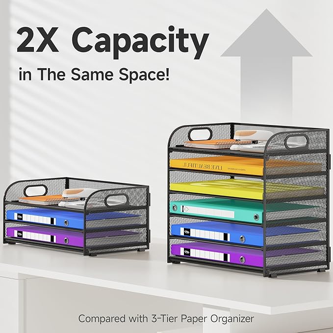 6 Tier Paper Organizer with Handle, Metal Desk Organizer Mesh Paper Letter Tray Desktop File Folder Document Sorter for Classroom, School, Office Accessories Organization and Storage - Black
