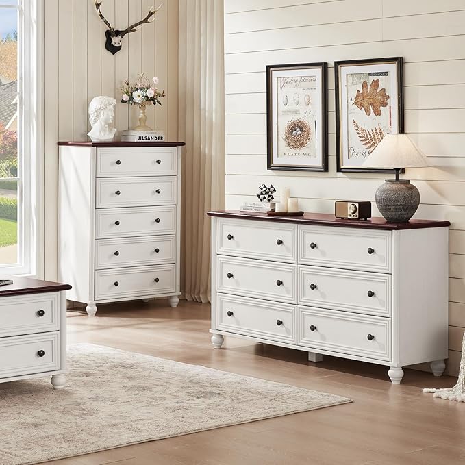 Farmhouse Dressers & Night Stand Set of 3, Wood 54" Wide Dresser & 45"Tall Chest of Drawers, 18" with Charging Station Nightstand, Bedroom Furniture 6 Drawer Dresser Set for Home Living Room Hallway
