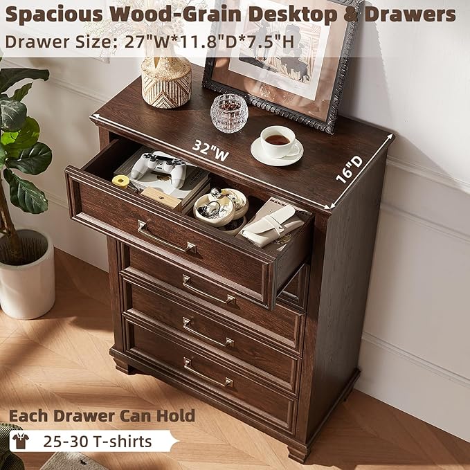 Farmhouse 5 Drawer Dresser for Bedroom, 45” Tall Dresser for Closet, Rustic Wooden Chests of Drawer for Bedroom, Hallway, Entryway, Walnut