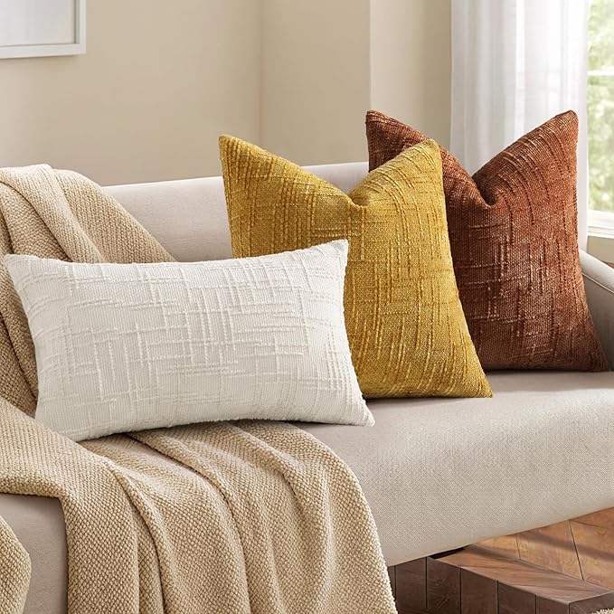 decorUhome Fall Rust Chenille Throw Pillow Covers 16x16 Set of 2 Thick Textured Slubby Couch Pillow Covers Farmhouse Accent Modern Neutral Decorative Pillow Cases for Bed Sofa Living Room