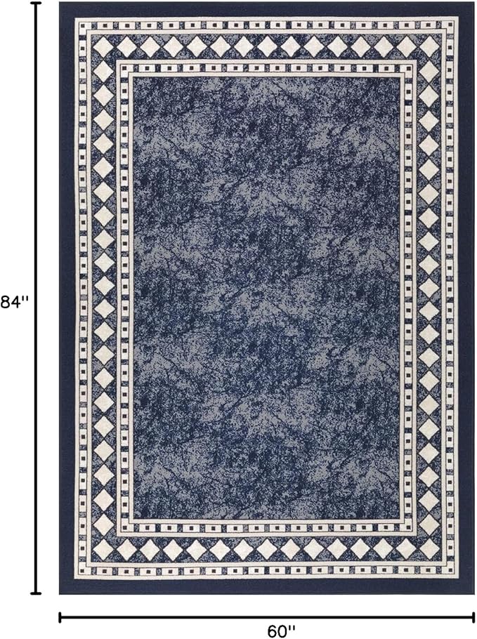 Antep Rugs Alfombras Modern Bordered 5x7 Non-Skid (Non-Slip) Low Profile Pile Rubber Backing Indoor Area Rugs (Navy Blue, 5' x 7')