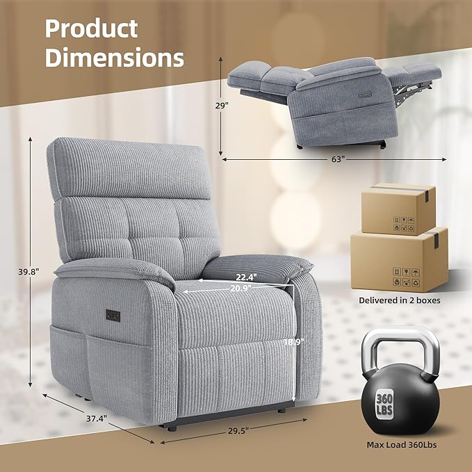 Claiks Zero Gravity Recliner Chair, Oversized Reclining Chair for Adults, Adjustable Electric Reclining Sofa Lounge with USB&Type-C Ports, Side Pocket, for Living Room, Corduroy, Grey