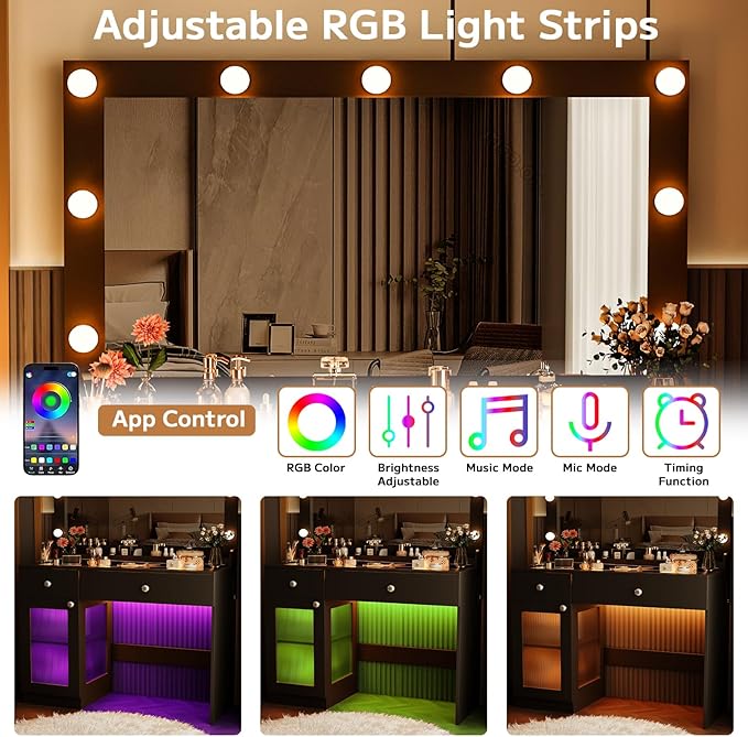 Vanity Desk with Large Mirror and Lights, 39.4'' Glass Top Makeup Vanity with RGB Cabinet Drawers Power Outlet 3 Color Light Modes Brightness Adjustable Vanity Dressing Table for Bedroom Black