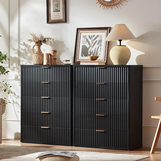 LEYAOYAO Fluted 5 Drawers Dresser for Bedroom, 41" Tall Modern Chest of Drawers with Metal Handle, Curved Profile Design,Black Wood Drawer Organizer for Bedroom, Living Room, Hallway, Entryway
