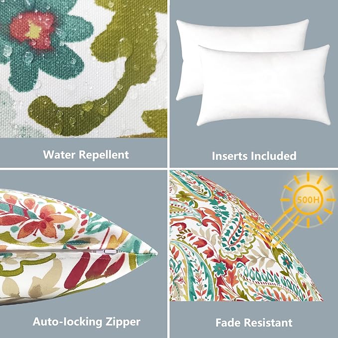 LVTXIII 12×20 Inch Outdoor Lumbar Pillows, Pack of 2 Water Repellent Lumbar Pillow with Inserts, Fluffy Decorative Garden Lumbar Cushions for Home Patio Coach Sofa Use, Pretty Paisley