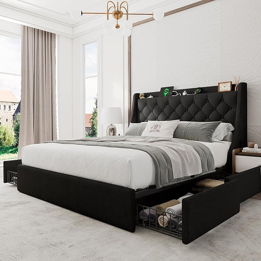 Upholstered Full Size Bed Frame with 4 Storage Drawers, Platform Bed with Large Wingback Headboard, Charging Station, No Box Spring Needed, Easy Assembly, Black
