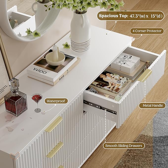 Lulive White Dresser for Bedroom Wood Dressers Chest of Drawers, Fluted 53.2" Wide Modern Long Dresser TV Stand 6 Drawers for Bedroom, Closet, Living Room, Hallway (White)