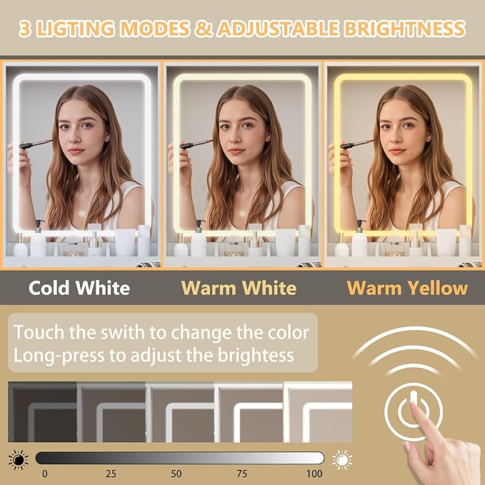 Vanity Desk with Mirror and Lights, White Makeup Vanity Table with 3 Modes & Adjustable Brightness, Glass Cabinets, Drawers, Outlet, Modern Dressing Table for Bedroom, Girls, Women, Teens