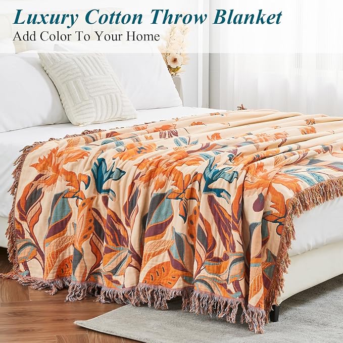 Boho Throw Blanket for Bed-100% Cotton Soft Breathable Farmhouse Decor Boho Quilt for Sofa (Flowers Tulips, 90"x98")