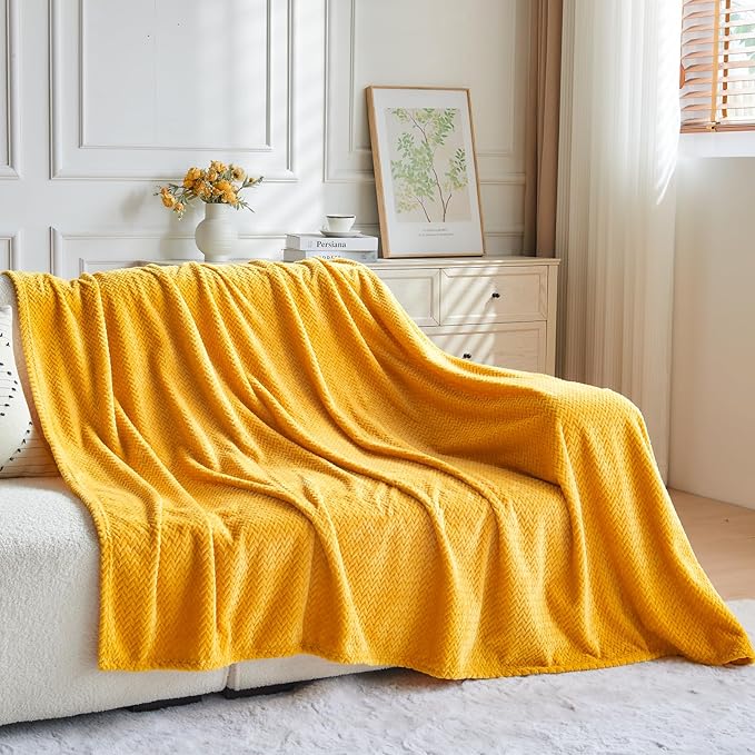 NEWCOSPLAY Super Soft King Blanket Mustard Yellow Premium Silky Flannel Fleece Leaves Pattern Lightweight Bed Blanket All Season Use (Mustard Yellow, King(90"x110"))