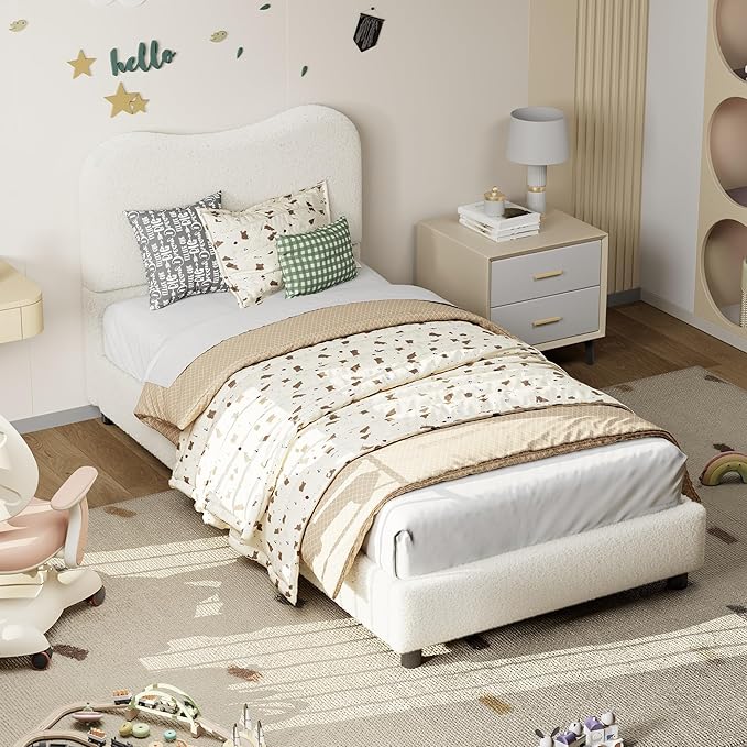 GarveeHome Twin Bed Frame for Kids with Velvet Upholstered Headboard, Cute Low Profile Platform Bed for Girls and Boys, No Box Spring Needed, Strong Wooden Slats, Noise Free, Easy Assembly, Beige