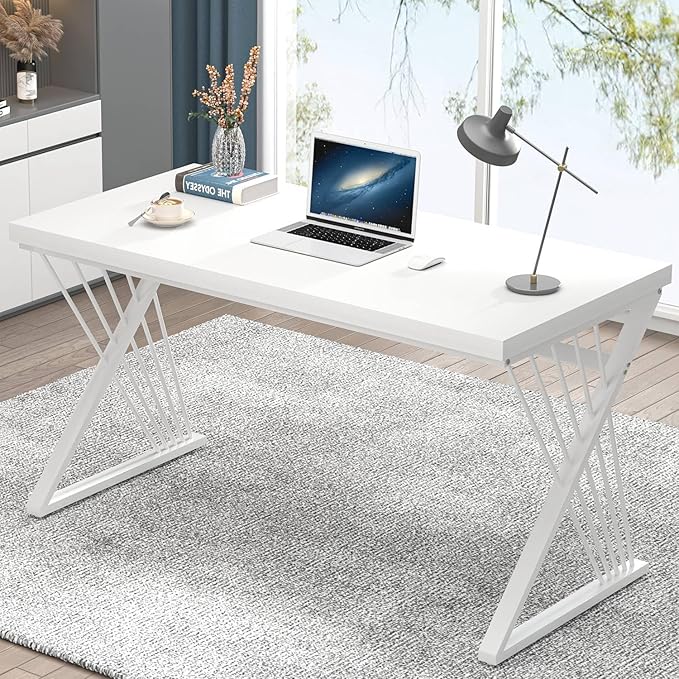 FOLUBAN Modern White Desk, Rustic Wood and Metal Computer Desk for Home Office, Simple Writing Work PC Desks for Bedroom, Industrial Study Gaming Table for Living Room, White, 53 Inch