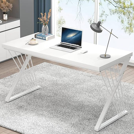 FOLUBAN Modern White Desk, Rustic Wood and Metal Computer Desk for Home Office, Simple Writing Work PC Desks for Bedroom, Industrial Study Gaming Table for Living Room, White, 53 Inch