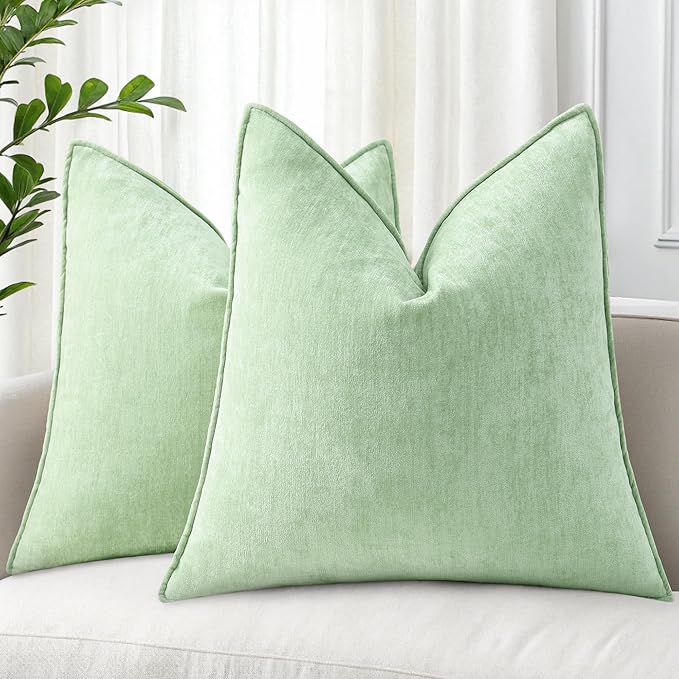 decorUhome Couch Throw Pillow Covers 18x18 Set of 2, Decorative Soft Euro Neutral Chenille Pillow Covers with Elegant Design for Sofa Bed Living Room Home Decor, Sage Green