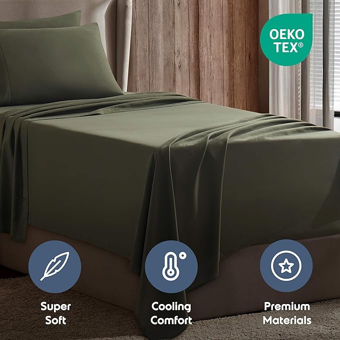 Nestl Twin XL Sheet Set - College Dorm Size - Luxury 1800 Ultra-Soft Microfiber Twin Extra Long Bed Sheets - Deep Pockets - Easy Fit - Extra Soft - 3 Piece Set (Twin XL, Olive Green)