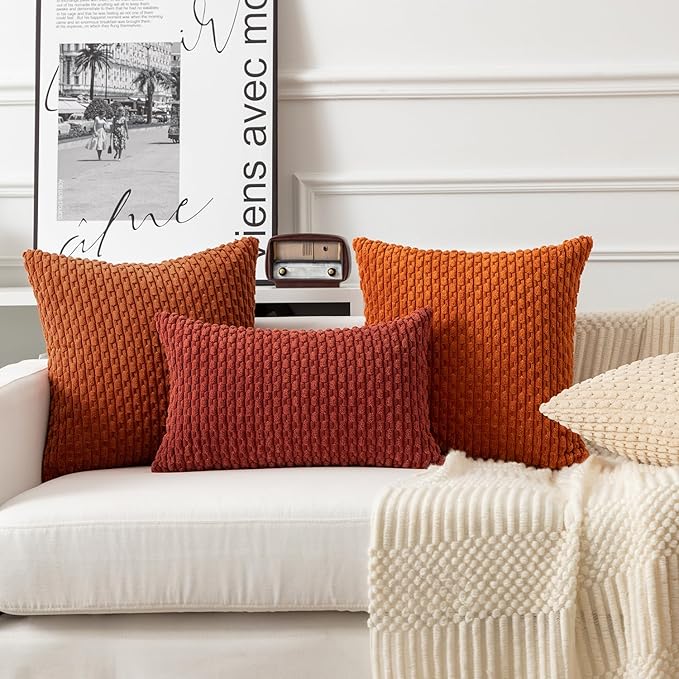 Kevin Textile Fall Throw Pillow Covers Soft Corduroy Decorative Set of 2 Boho Striped Pillow Covers Pillowcases Farmhouse Home Decor for Couch Bed Sofa Living Room 18x18 Inch Rust Brown