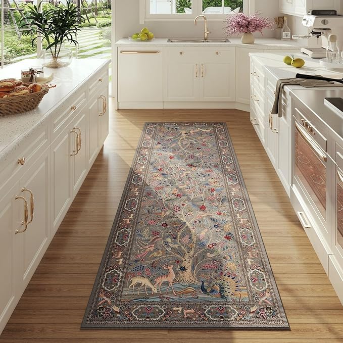 Runner Rug Vibrant Tree of Life-Patterned Vintage Kitchen Rugs Non Slip Washable Soft Carpet Runner for Laundry Bedroom Bathroom, Grey