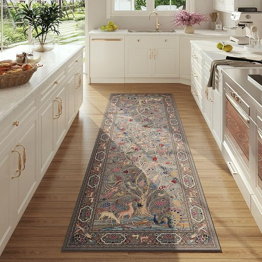 Runner Rug Vibrant Tree of Life-Patterned Vintage Kitchen Rugs Non Slip Washable Soft Carpet Runner for Laundry Bedroom Bathroom, Grey