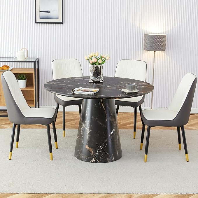 45 Inch Round Dining Table Set for 4, 5 Piece Kitchen Table and Chairs Set, Black Faux Marble Table Top, Small Space Dining Set for Apartment or Dining Room