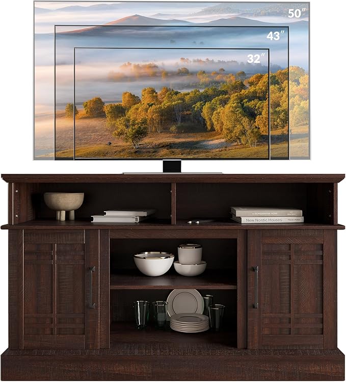 BELLEZE Modern 48" Farmhouse Wood TV Stand & Media Entertainment Center Console Table for TVs up to 50 Inch with Open Storage Shelves & Cabinets - Norrell (Espresso)