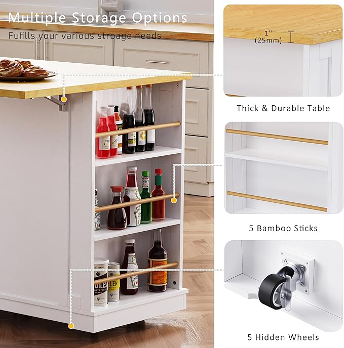 Large Kitchen Island Cart on 5 Wheels with 2 Bar Stools, Power Outlet, Drop Leaf, 3 Drawers, Kitchen Storage Cart with 5 Open Side Racks for Kitchen, Dining Room, Home Bar White