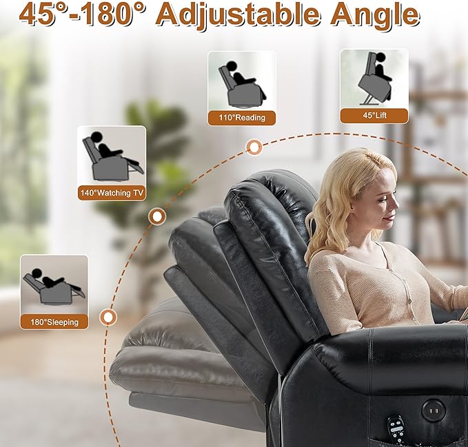 Power Lift Recliner Chair for Elderly, Dual Motor Massage Recliner with Lumbar Heat, Heavy Duty Motion Mechanism Lift Chair with Charge Ports, Genuine Leather - Black