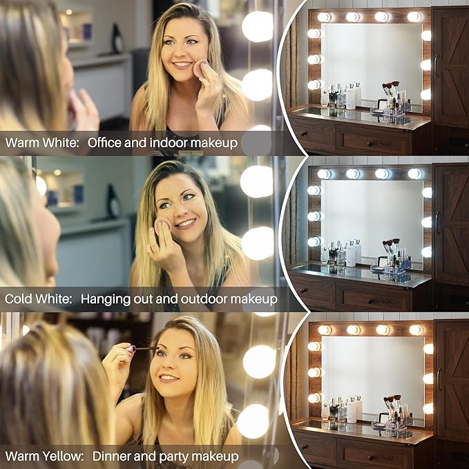 JXQTLINGMU Farmhouse Vanity Makeup Desk with Charging Station, 43" W Vanity Desk with Lights Mirror and Drawers for Makeup, Big Modern Makeup Table Set with Stool for Bedroom, Brown